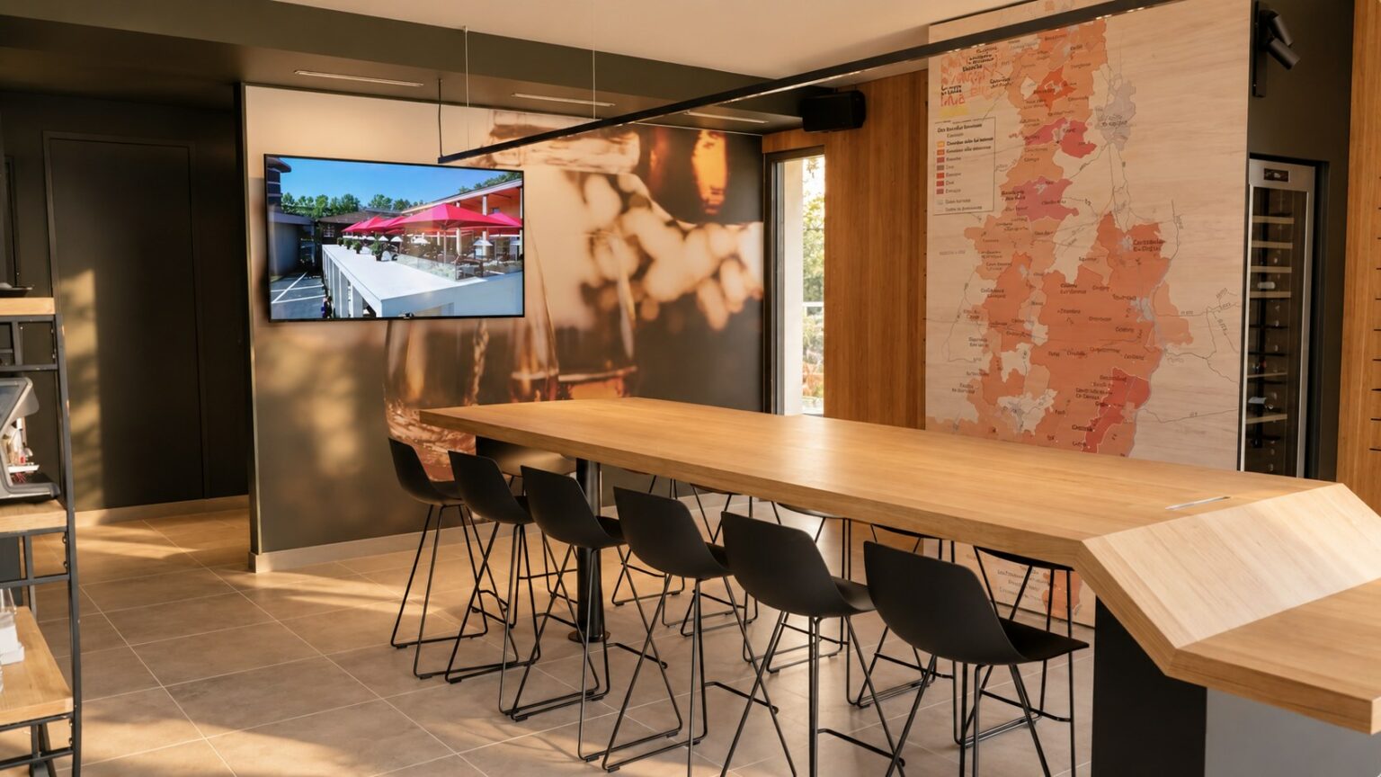 La salle de dégustation : grande table haute en bois clair, tabourets noirs, carte murale des vignobles et cave à vin vitrée