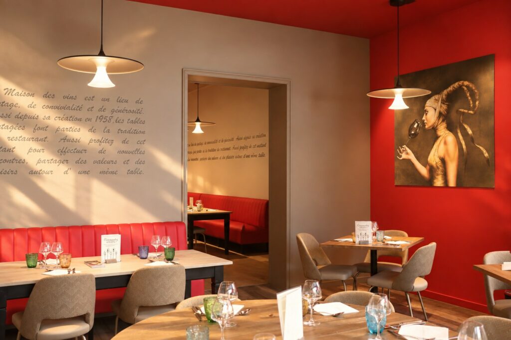 Une salle du restaurant : banquettes rouges, mur rouge et tableau d'une femme au verre de vin, tables dressées dans la lumière du soir