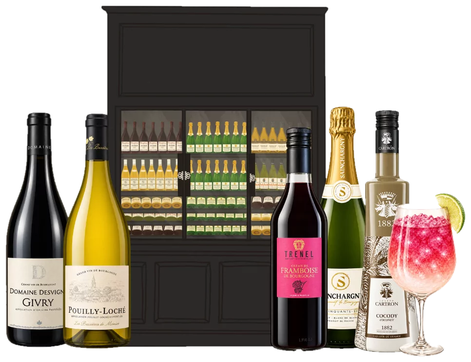 Givry, Pouilly-Loché et le cocktail Framboise Nacrée devant l’armoire du Caveau